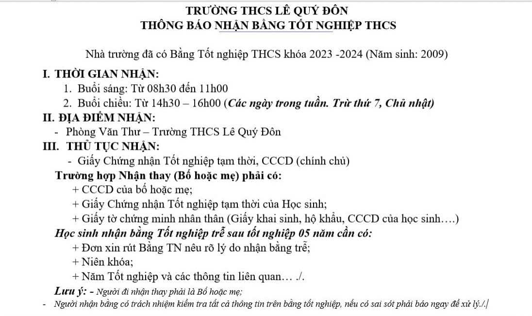 Trường Lê Quý Đôn thông báo v/v HS lên nhận bằng tốt nghiệp khóa 2023-2024.