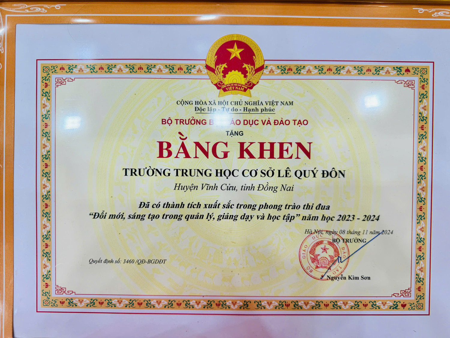 Thành tích nổi bật của nhà trường, năm học: 2023-2024