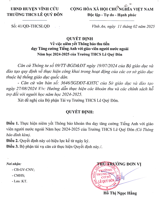 Quyết định V/V niêm yết thu tiền học tăng cường Tiếng Anh với người nước ngoài