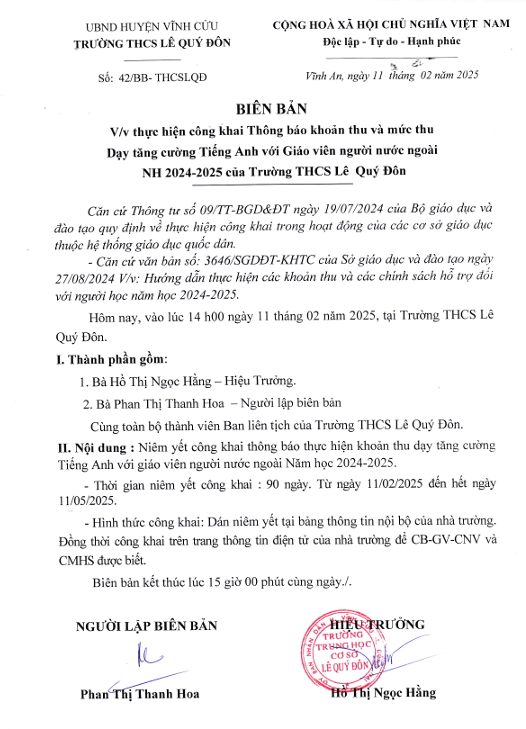 Biên bản V/v thực hiện công khai Thông báo khoản thu và mức thu Dạy tăng cường Tiếng Anh với người nước ngoài