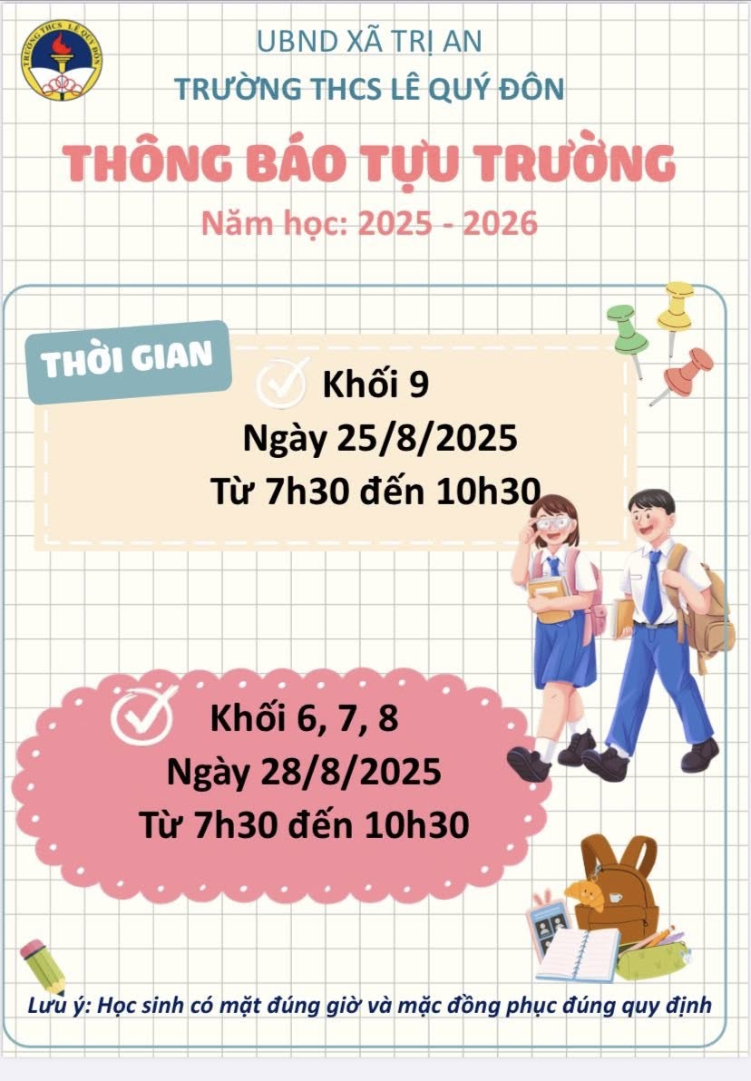 Lịch tựu trường năm học 2025-2026 của trường THCS Lê Quý Đôn.