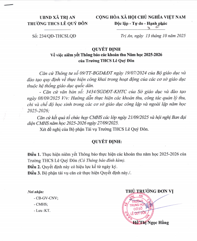 CÔNG KHAI THÔNG BÁO THU NĂM HỌC: 2025- 2026