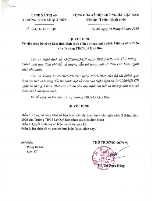 Công khai thực hiện dự toán 3 tháng- Năm 2026