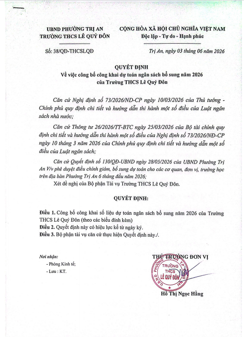 Công khai dự toán ngân sách bổ sung năm 2026